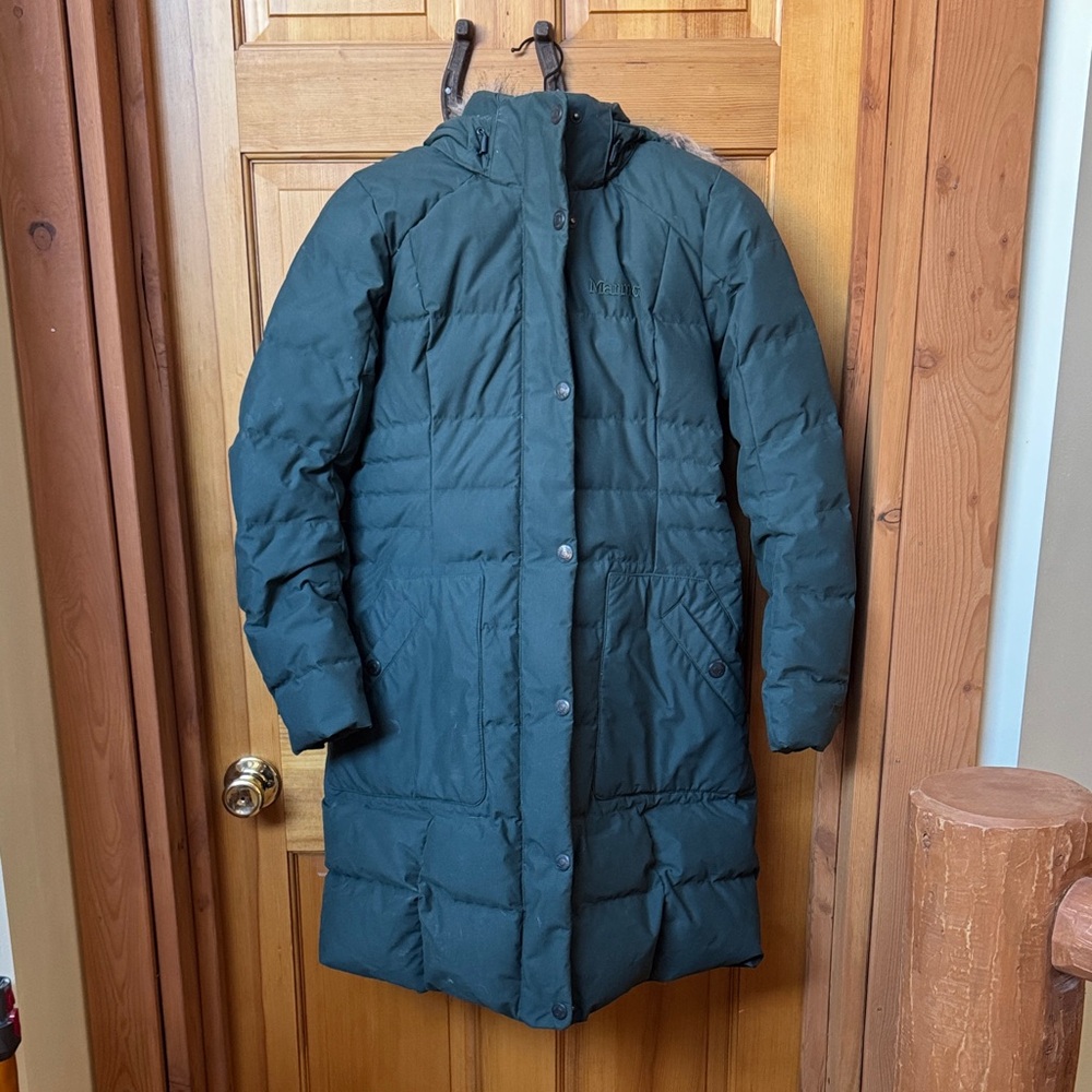 Marmot Dark Green Puffer Coat with Faux Fur Hood